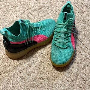 Puma Teal Knit Athletic Sneakers with Pink Accent